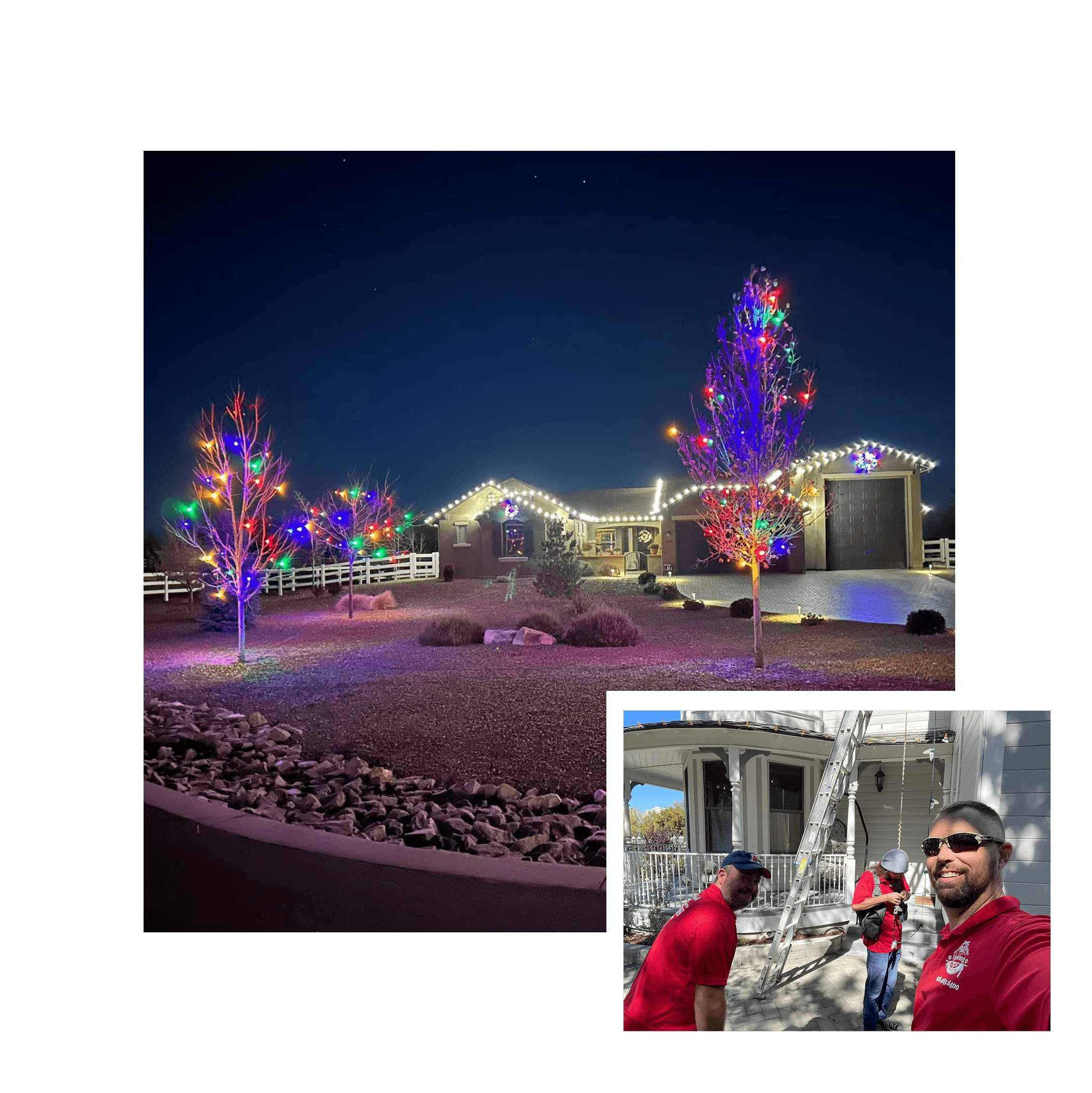 Trees and a home wrapped in multicolour holiday lights, with the install crew on site