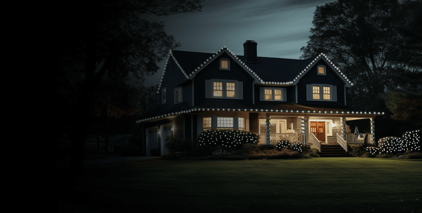 A house at night outlined in warm white holiday lights
